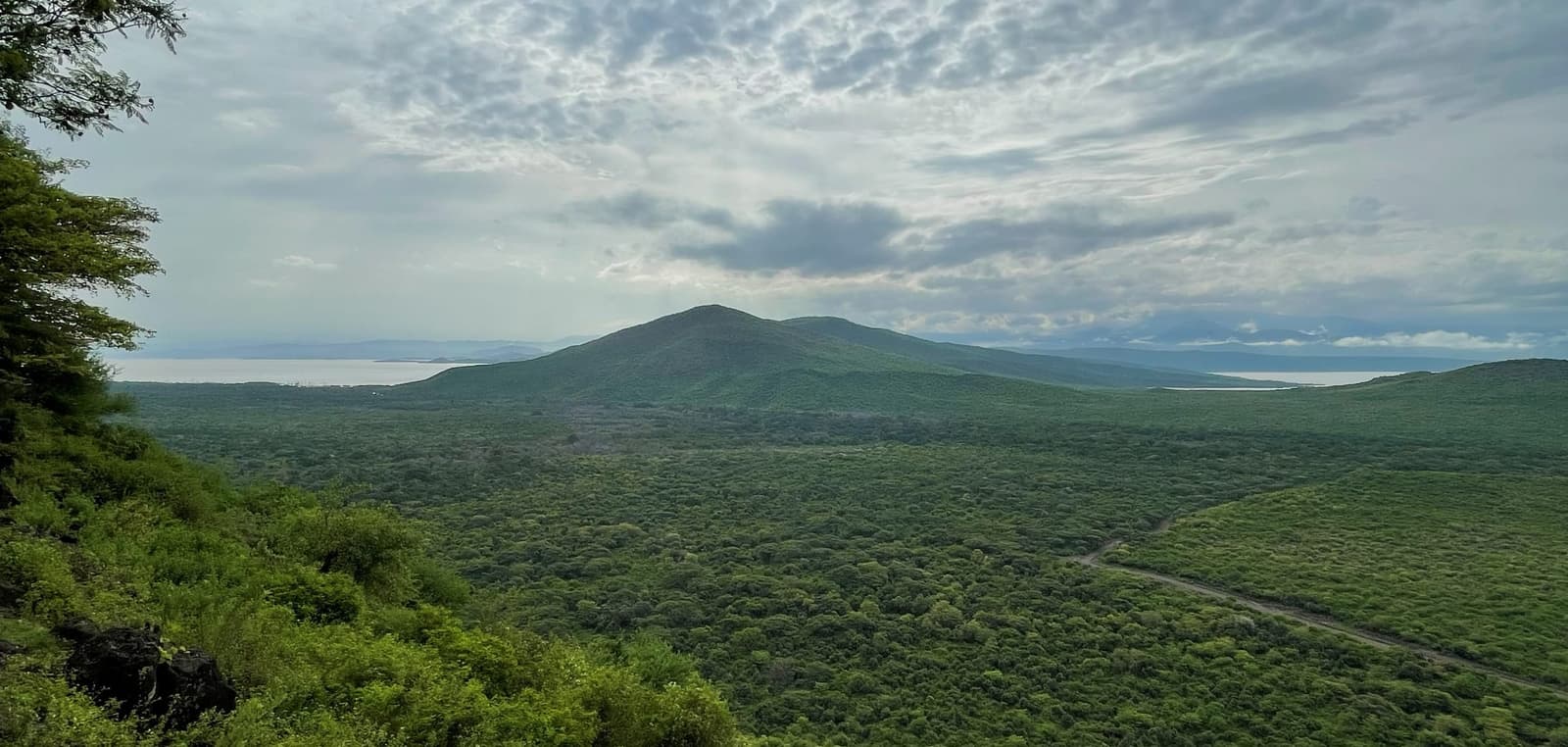 Lakes Abaya and Chamo seen from the escarpment above Arba Minch, with a green volcanic cone rising from the Rift Valley floor on the ridge between them.
